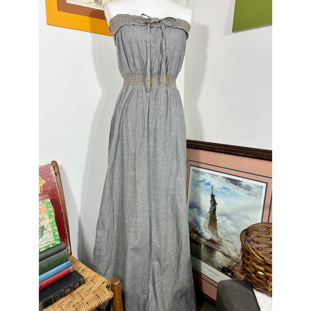 Apple Bottoms Maxi Dress Womens L Grey Excellent Y2K Vintage Smocked Strapless